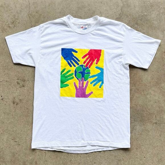 Vintage 90s Hanes Hand Prints Promo T-Shirt Large - Picture 1 of 6